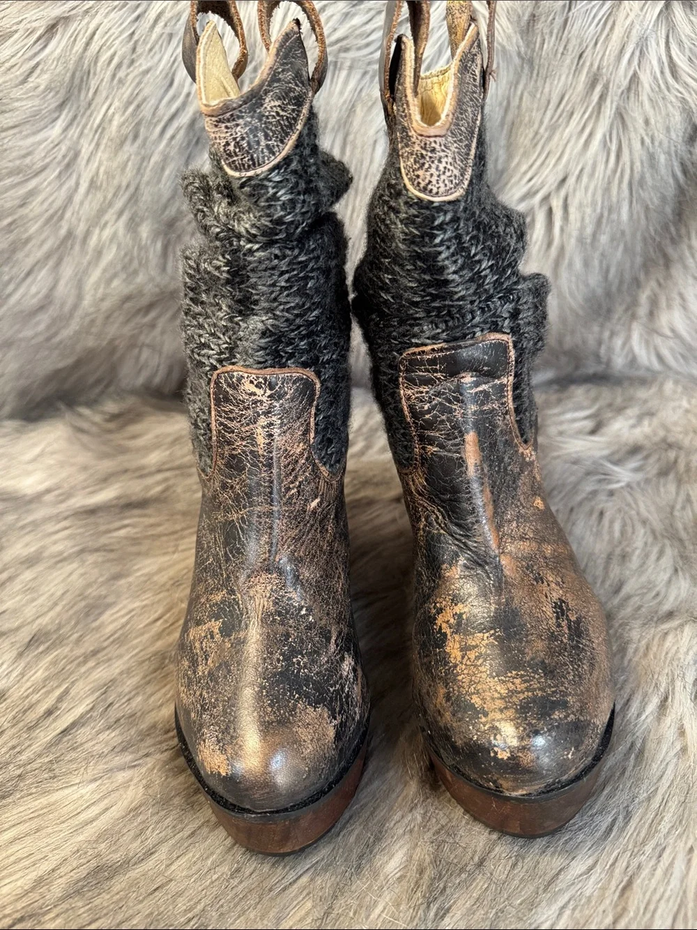 BED|STU Knit-Top Wedge Booties in Distressed Brown and Gray Size 6